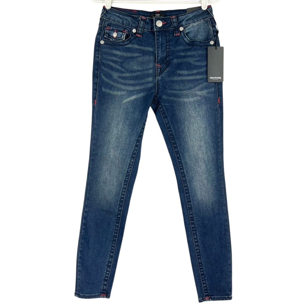 True Religion Women's Halle Big T Flap Super Skinny Blue Denim Jeans Size 26 NWT